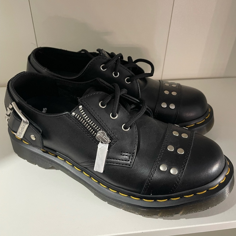 Woman’s Black Studded Dr Martens Silver Hardware Buckles